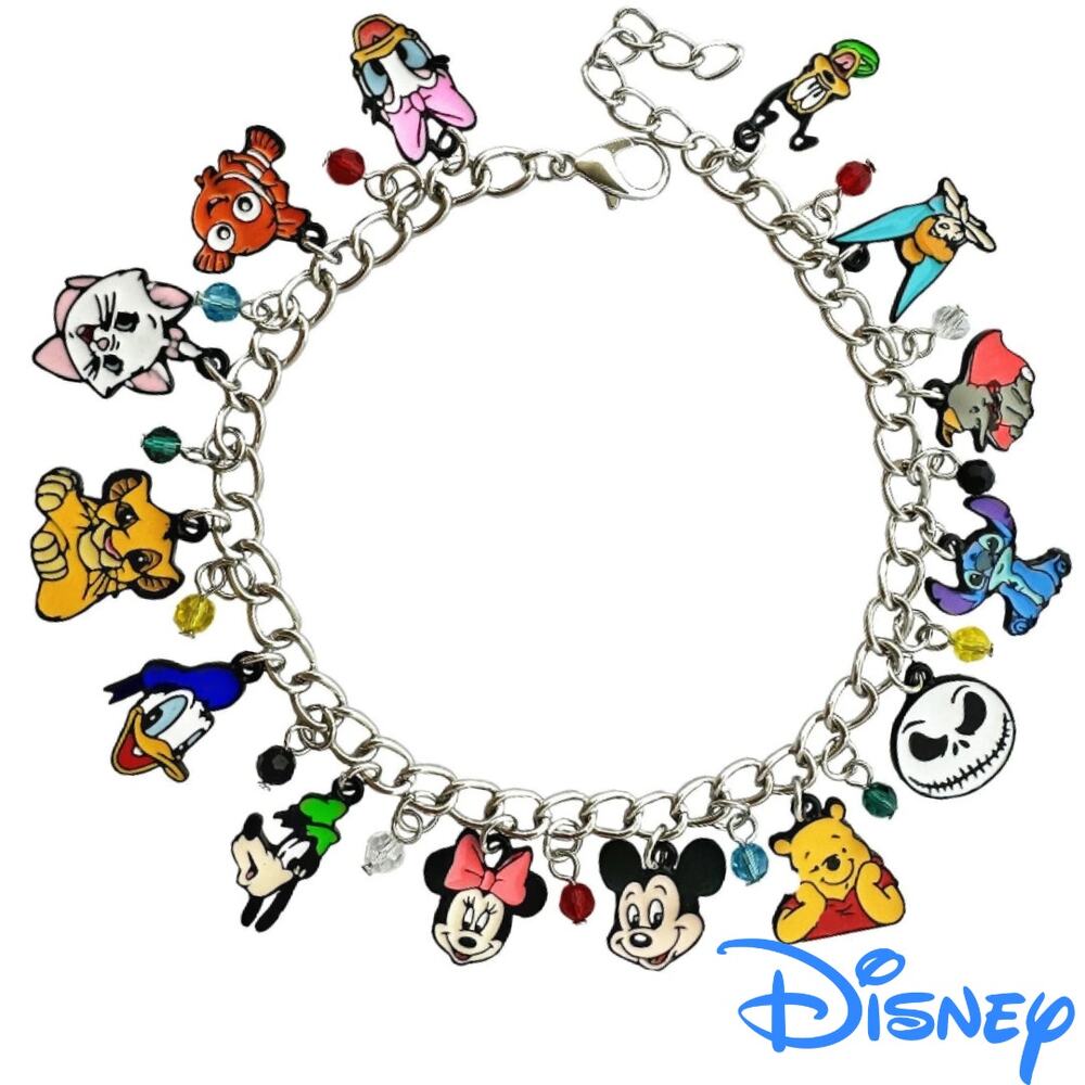 Disney Themed Enamel Statement Charm Bracelet Adjustable Silver Tone
